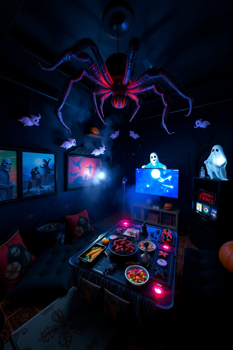 A Halloween game room filled with animated decorations that create an eerie atmosphere. The walls are adorned with spooky artwork and ghostly figures that move and light up when activated. A large, animated spider hangs from the ceiling, while a creepy fog machine adds an unsettling touch to the space. The gaming area features themed cushions and a table covered with Halloween treats and props for an immersive experience.