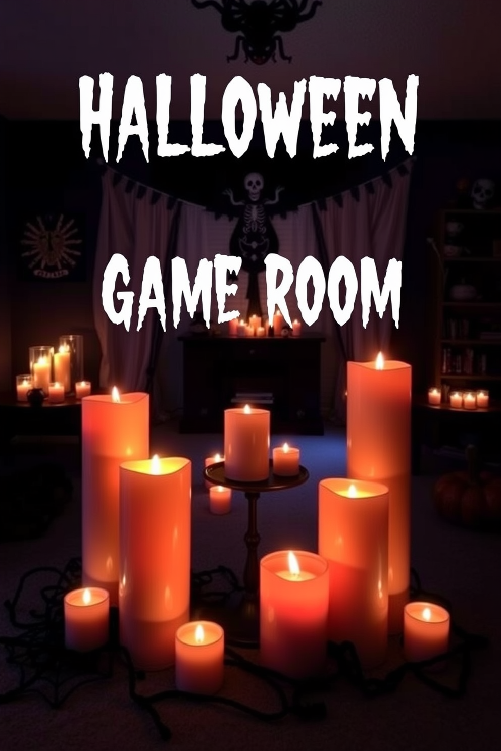 Create a cozy Halloween game room featuring candles with flickering LED lights arranged on various surfaces. The walls are adorned with spooky decorations, and a dark, atmospheric color palette sets the mood for a fun night of games.