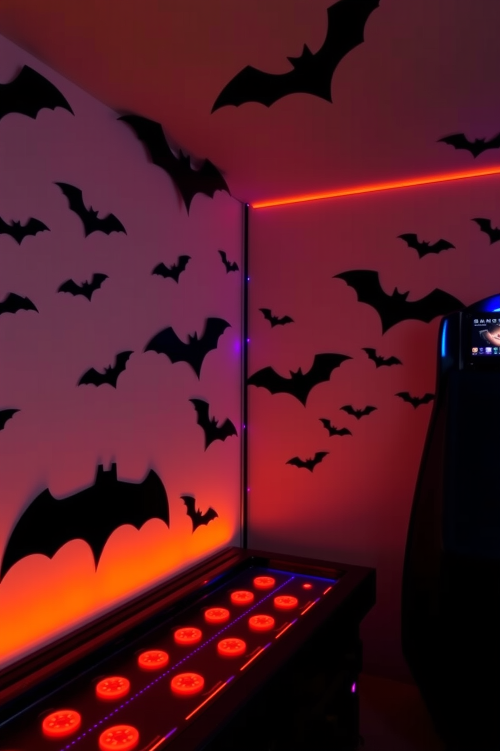 A Halloween game room featuring walls adorned with bat silhouettes in various sizes, creating a spooky yet playful atmosphere. The room is dimly lit with orange and purple LED lights, enhancing the festive vibe while highlighting the eerie decorations.