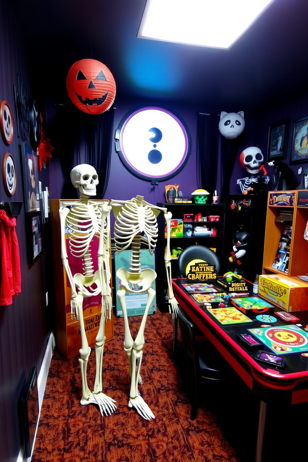 A life-sized skeleton is positioned casually in the corner of a vibrant Halloween-themed game room. The walls are adorned with spooky decorations, and a variety of games are scattered across a table, creating an inviting yet eerie atmosphere.