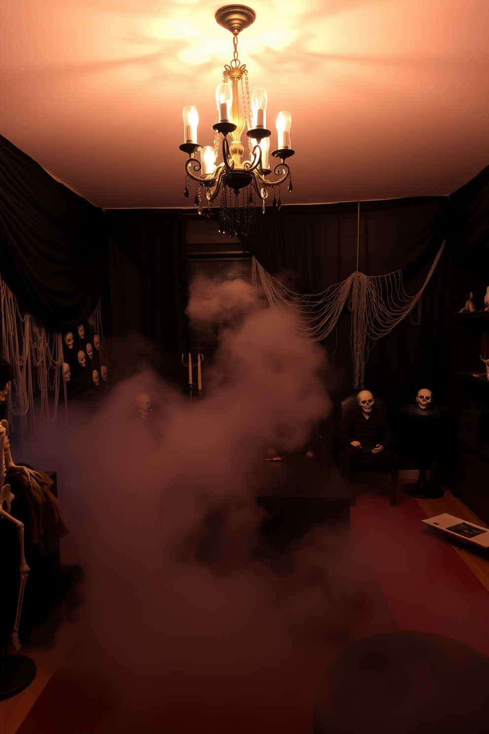 A Halloween game room filled with eerie decorations. The walls are draped in dark fabric, and a fog machine fills the space with a thick, spooky mist. Creepy props such as skeletons and cobwebs are strategically placed around the room. A dimly lit chandelier hangs from the ceiling, casting ghostly shadows on the floor.