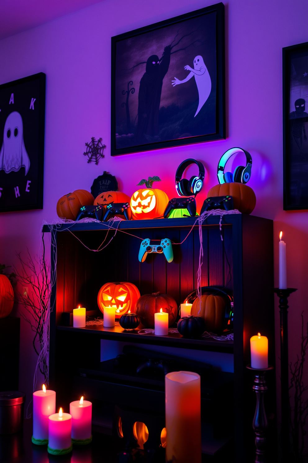 A vibrant Halloween themed gaming accessories display fills the room with spooky charm. On a dark wooden shelf, a collection of themed controllers and headsets are artfully arranged alongside glowing pumpkins and cobwebs. The walls are adorned with eerie artwork featuring ghosts and ghouls. Flickering LED candles cast a warm glow, enhancing the festive atmosphere for an immersive gaming experience.