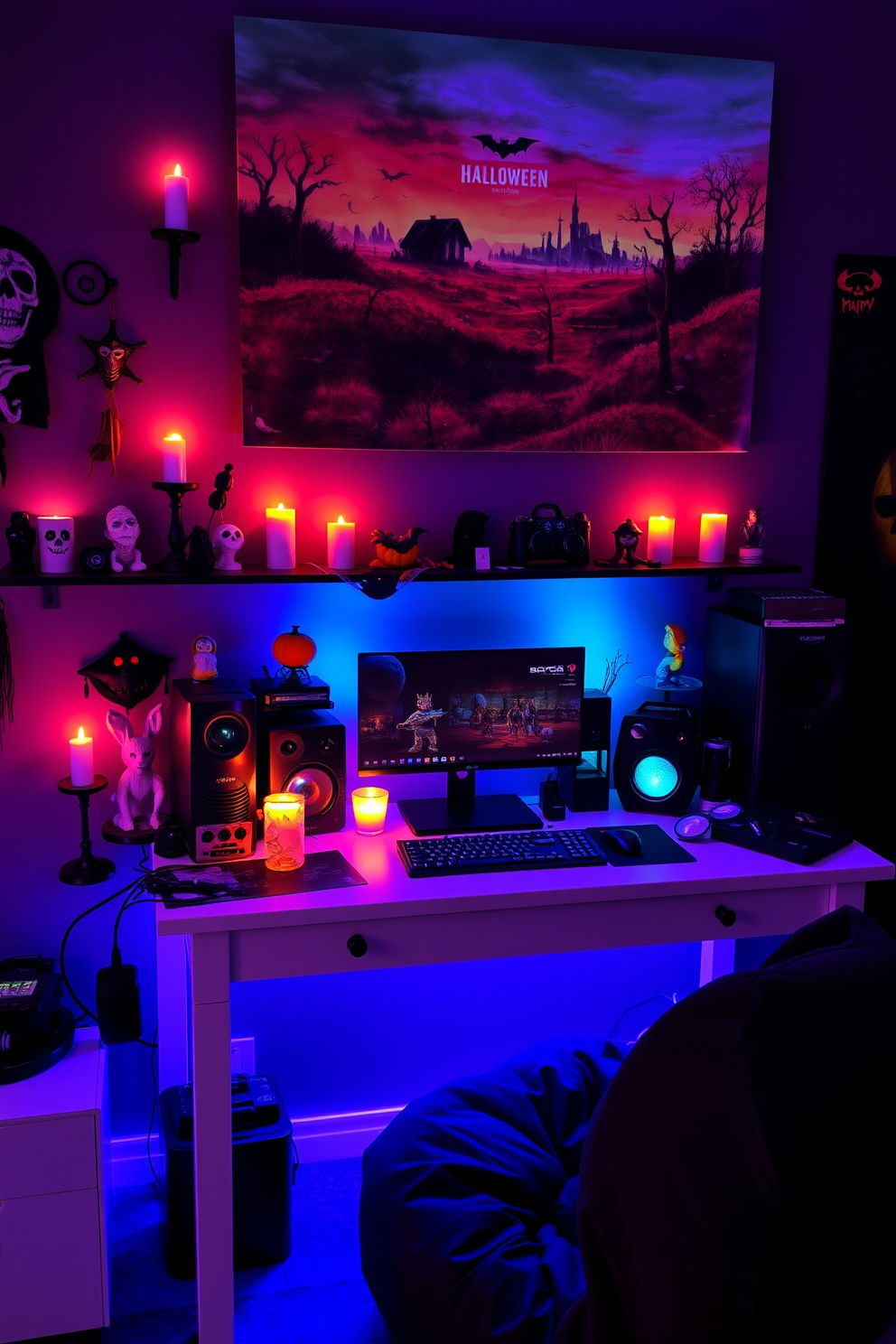 A gamer desk is adorned with an array of Halloween decorations, featuring spooky figurines and themed accessories. The walls are painted in deep purple, with glow-in-the-dark elements enhancing the eerie atmosphere of the room. Flickering LED candles cast a warm glow, while a large poster of a haunted landscape hangs above the desk. Plush seating in the form of a black bean bag adds comfort, inviting gamers to settle in for a night of fun and frights.