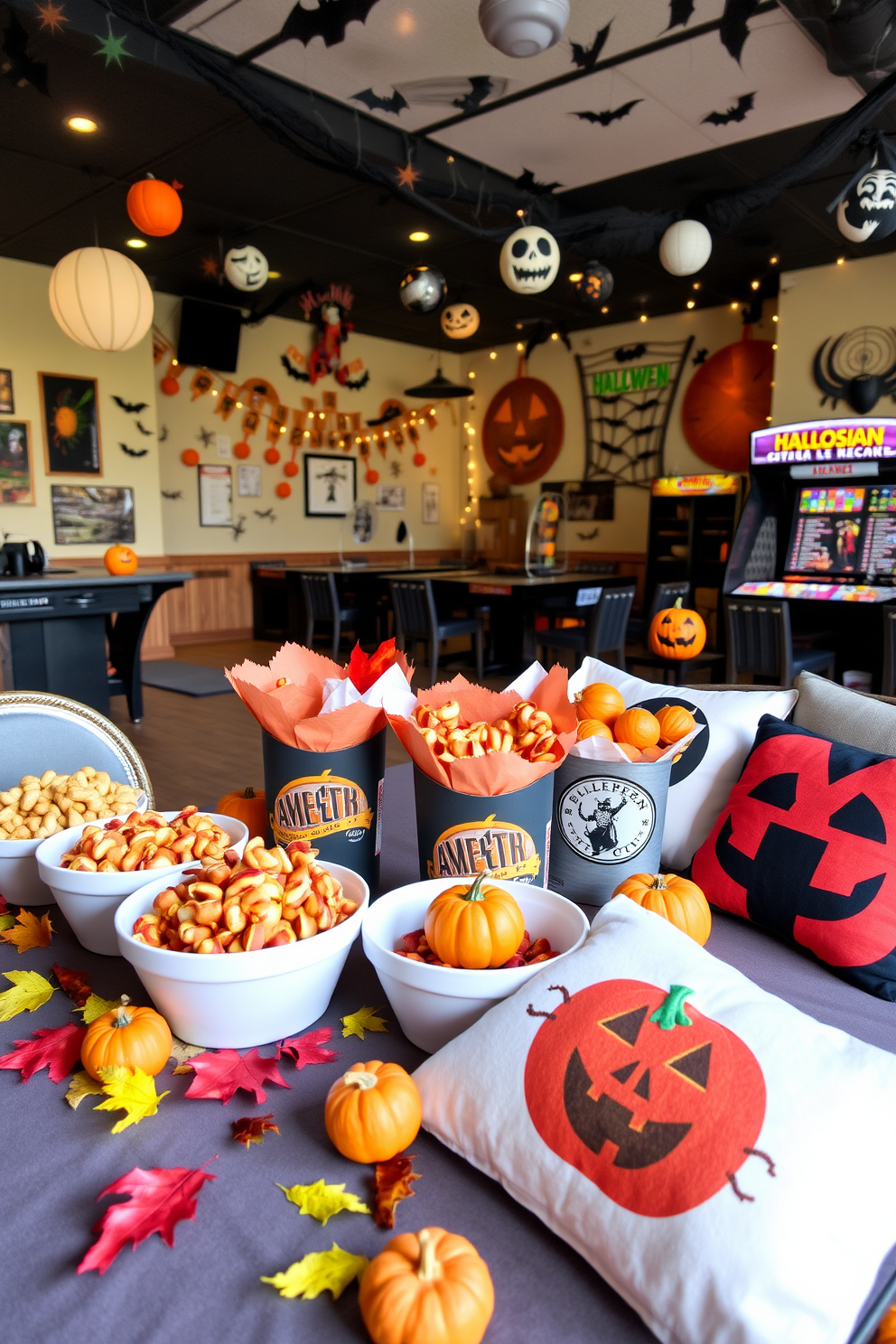 Seasonal snacks arranged in festive themed containers. The table is adorned with autumn leaves and small pumpkins, creating a cozy atmosphere. A game room decorated with Halloween themes. Spooky decorations hang from the ceiling, and themed cushions are placed on the seating for a fun and festive vibe.