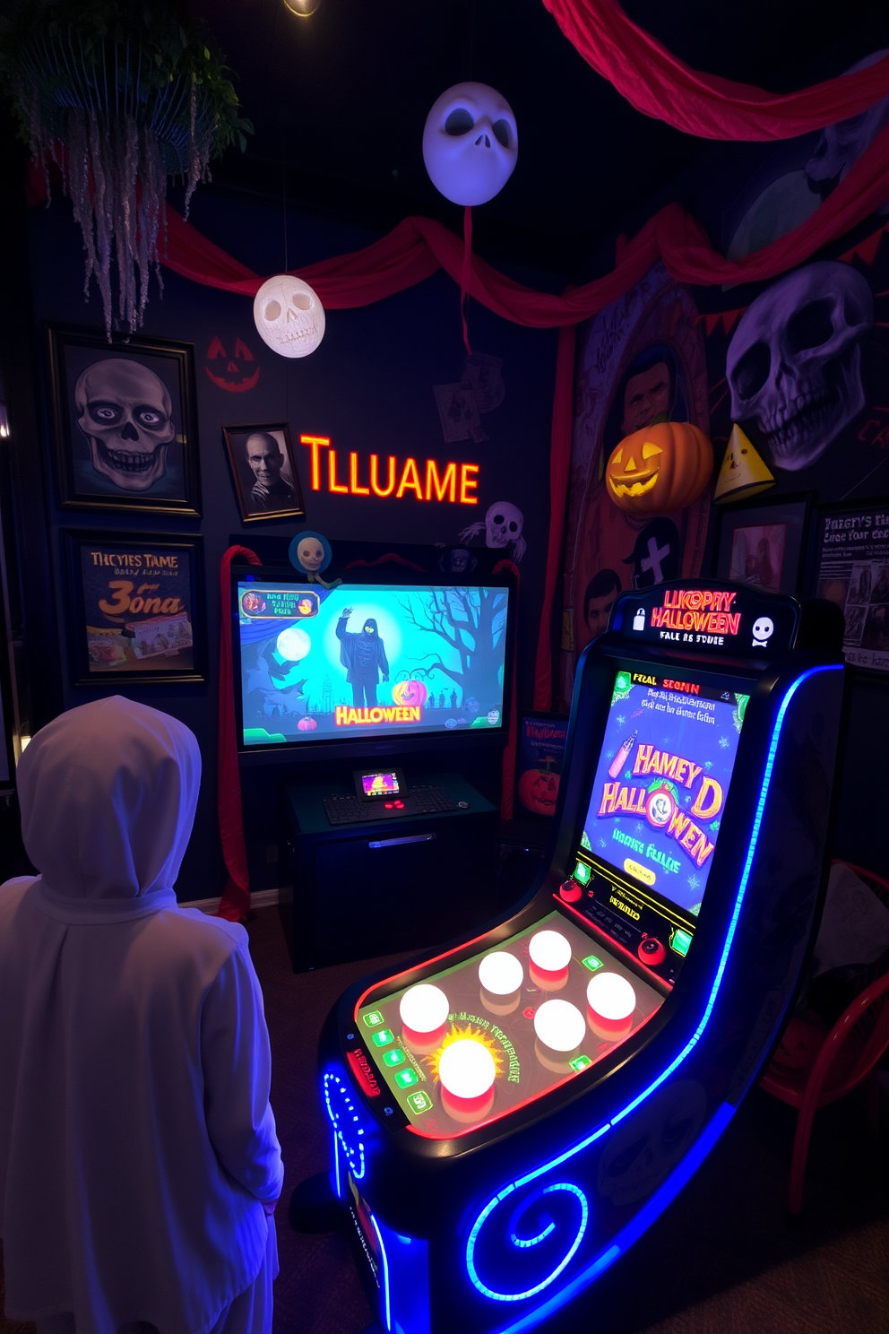 Create a Halloween-themed game room featuring blacklight paintings that illuminate the space with vibrant colors. The walls are adorned with spooky artwork that glows in the dark, creating an immersive and playful atmosphere for guests.