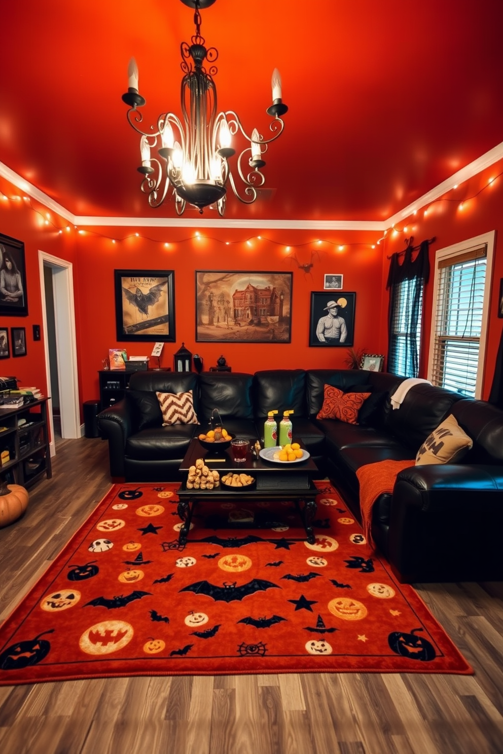 A cozy game room featuring themed containers filled with seasonal snacks. The room is adorned with Halloween decorations, including cobwebs and pumpkins, creating a festive atmosphere. Themed containers showcase a variety of snacks like caramel popcorn and pumpkin spice treats. Comfortable seating is arranged around a game table, with spooky lighting enhancing the playful vibe.