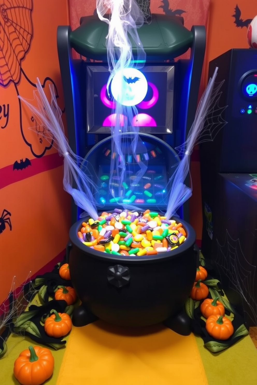 A whimsical game room designed for Halloween festivities. The centerpiece is a decorative cauldron filled with an assortment of colorful candies, surrounded by playful decorations like spider webs and miniature pumpkins.