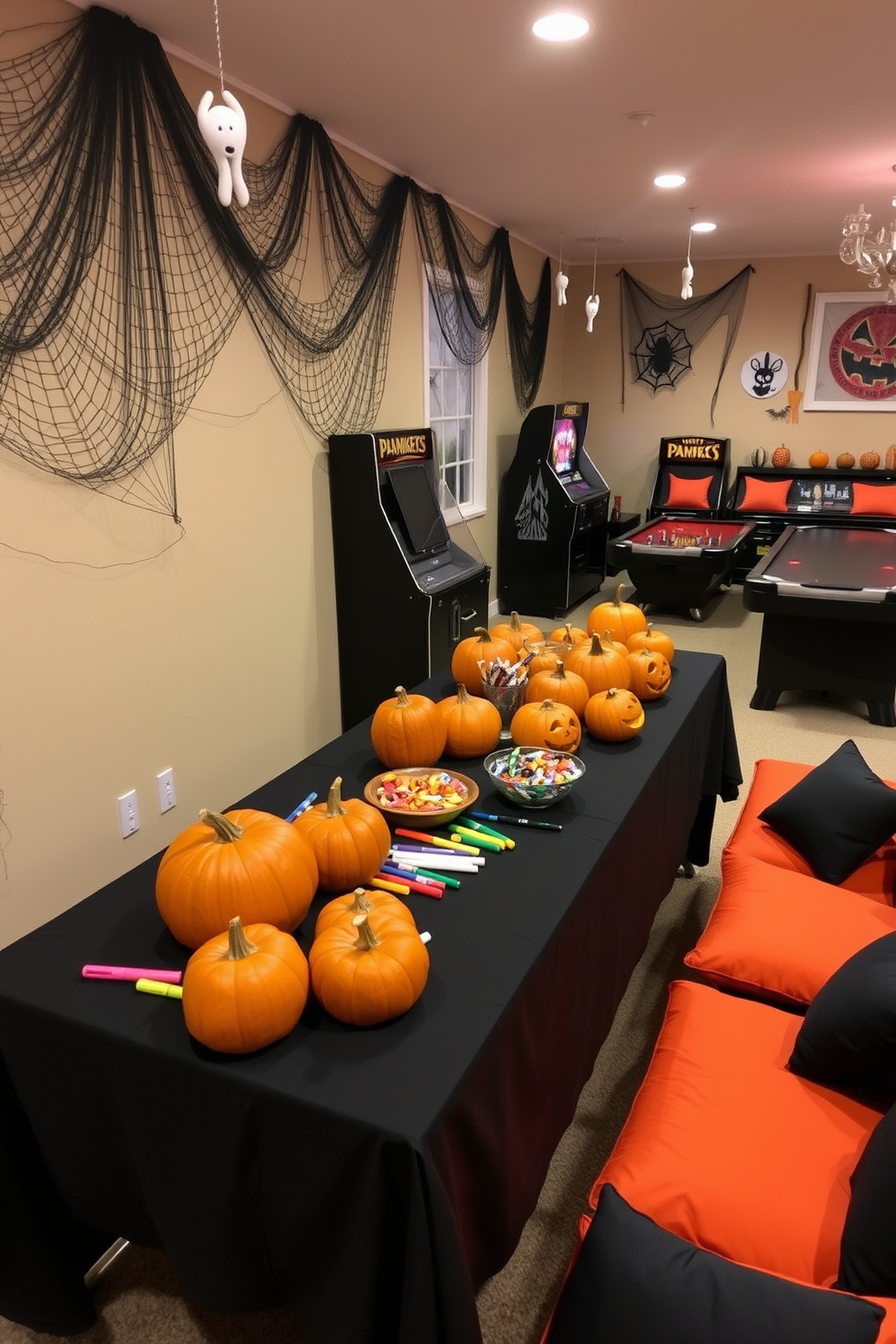 A festive pumpkin carving station is set up in the corner of the game room with a large table covered in a black tablecloth. Various carved pumpkins are displayed alongside carving tools, colorful markers, and a bowl filled with candy for guests to enjoy. The game room is decorated with Halloween-themed decorations such as spider webs draped across the walls and hanging ghosts from the ceiling. A cozy seating area features orange and black cushions, creating a welcoming atmosphere for guests to gather and enjoy the festivities.