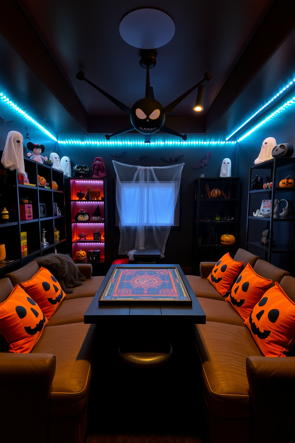 A cozy Halloween game room is illuminated by vintage lanterns with intricate designs, casting a warm and inviting glow. The walls are adorned with playful Halloween-themed decorations, while a plush seating area invites friends to gather and enjoy festive games.