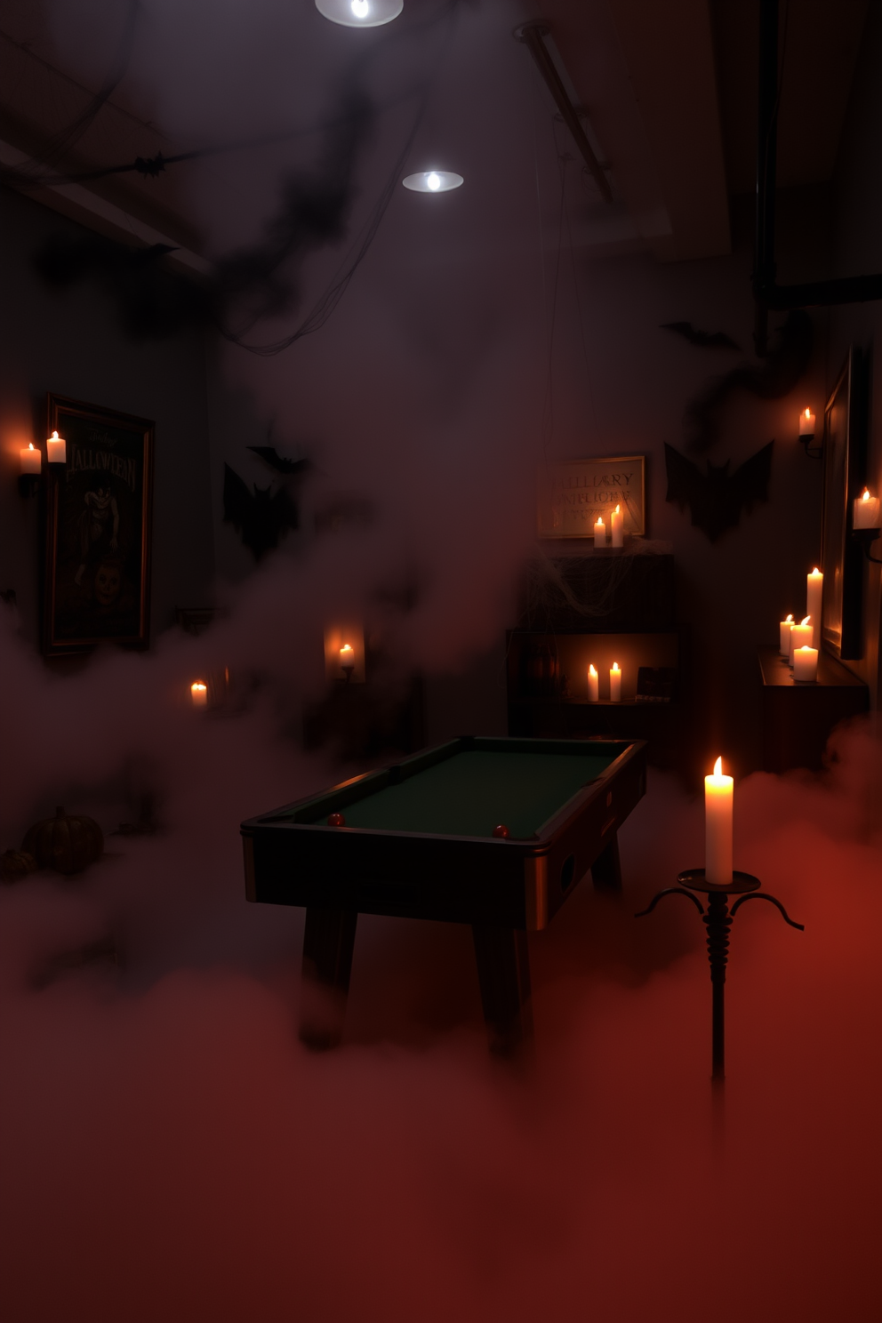 A Halloween game room filled with a sense of mystery. The floor is shrouded in a thick fog that adds an eerie atmosphere to the space. The walls are adorned with dark, spooky artwork and cobwebs that enhance the Halloween theme. Flickering LED candles cast shadows, creating an inviting yet unsettling vibe.