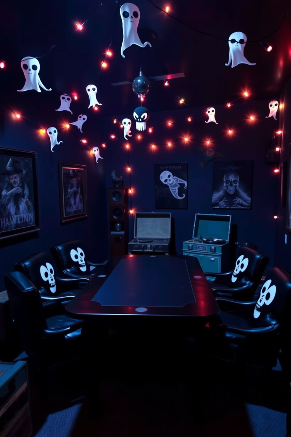 A vibrant game room filled with energy and excitement. The shelves are adorned with decorative skulls in various styles, adding a playful yet spooky touch to the space. The walls are painted in a deep purple hue, creating a dramatic backdrop for the gaming setup. Neon lights illuminate the room, highlighting the intricate details of the skulls and enhancing the Halloween theme.