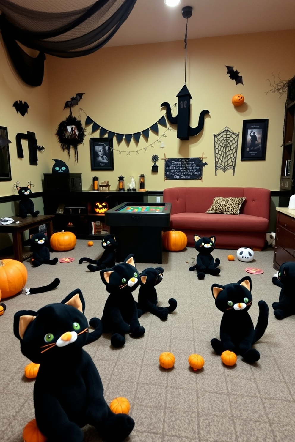 A whimsical Halloween game room filled with playful black cat plush toys scattered throughout the space. The walls are adorned with spooky decorations, and a cozy seating area invites friends to gather for festive fun.