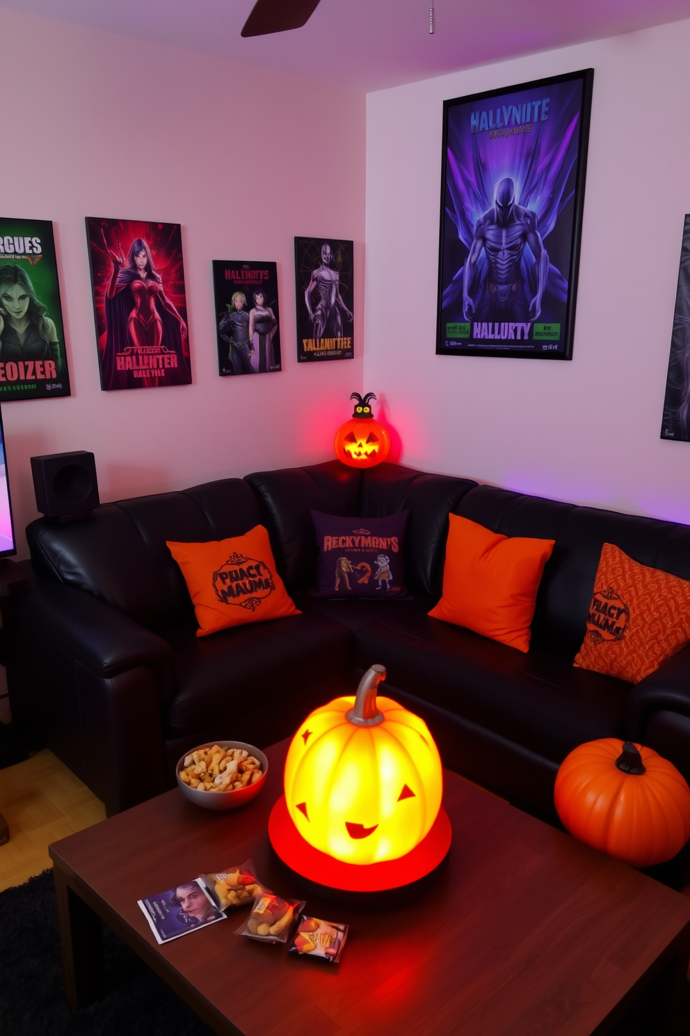 A cozy gaming room decorated for Halloween. The walls are adorned with personalized posters featuring spooky characters and vibrant colors, creating an immersive atmosphere for gaming enthusiasts. A plush black couch with orange and purple throw pillows offers a comfortable seating area. A coffee table is decorated with Halloween-themed snacks and a glowing pumpkin centerpiece, enhancing the festive vibe.