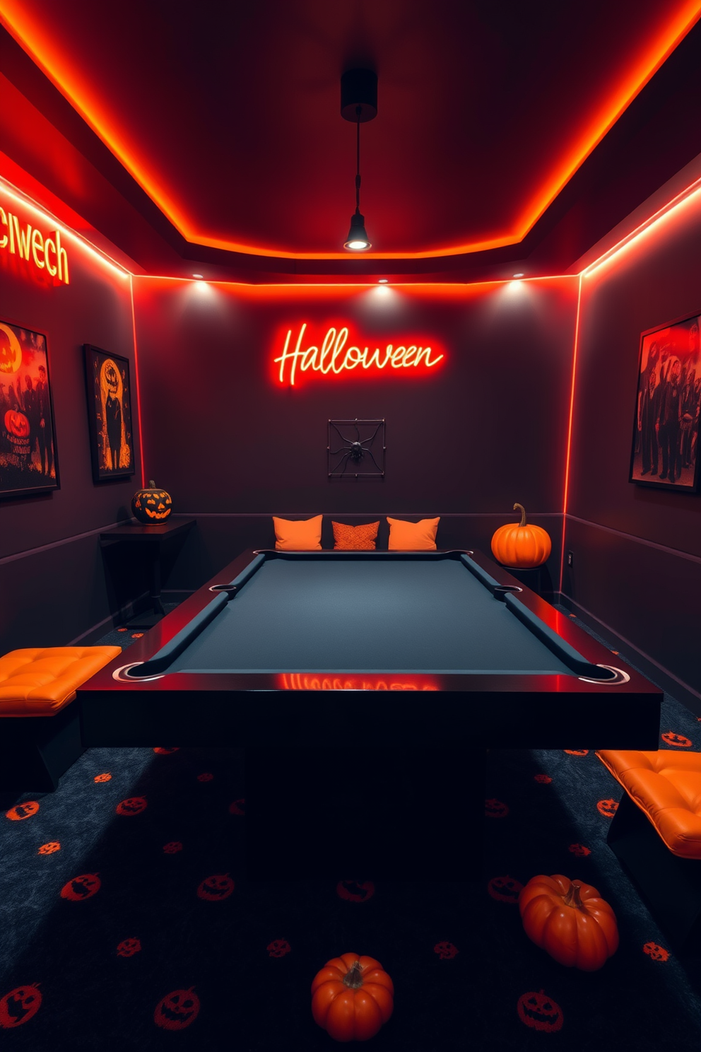 A vibrant game room featuring black walls adorned with orange LED strip lighting that creates an inviting atmosphere. The room is filled with a sleek gaming console setup, plush seating, and Halloween-themed decorations scattered throughout for a festive touch.