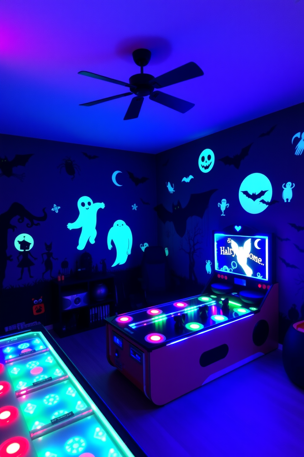 A cozy game room featuring themed area rugs adorned with playful Halloween motifs. The walls are painted in deep orange and black, creating a festive atmosphere perfect for gatherings. In one corner, a large plush sofa is complemented by a selection of vibrant throw pillows showcasing spooky designs. A coffee table sits in front, decorated with Halloween-themed snacks and a few flickering candles for ambiance.