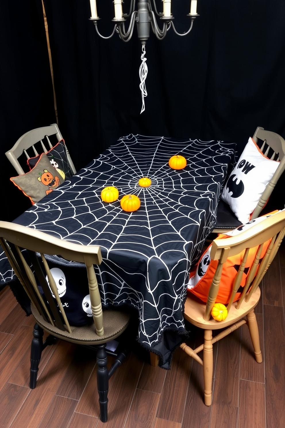 A spooky gaming table adorned with a spider web tablecloth creates an eerie atmosphere perfect for Halloween. The table is surrounded by mismatched chairs, each decorated with themed cushions and small pumpkins scattered around.