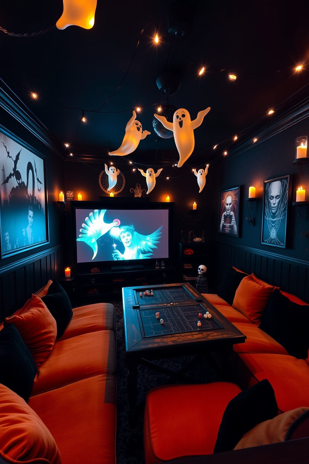 A cozy Halloween game room filled with vintage posters featuring classic Halloween themes. The walls are adorned with a collection of colorful vintage Halloween posters, creating a festive atmosphere. In one corner, a comfortable seating area is arranged with plush bean bags and a retro coffee table. Dim lighting enhances the spooky vibe, while decorative pumpkins and cobwebs add to the Halloween charm.