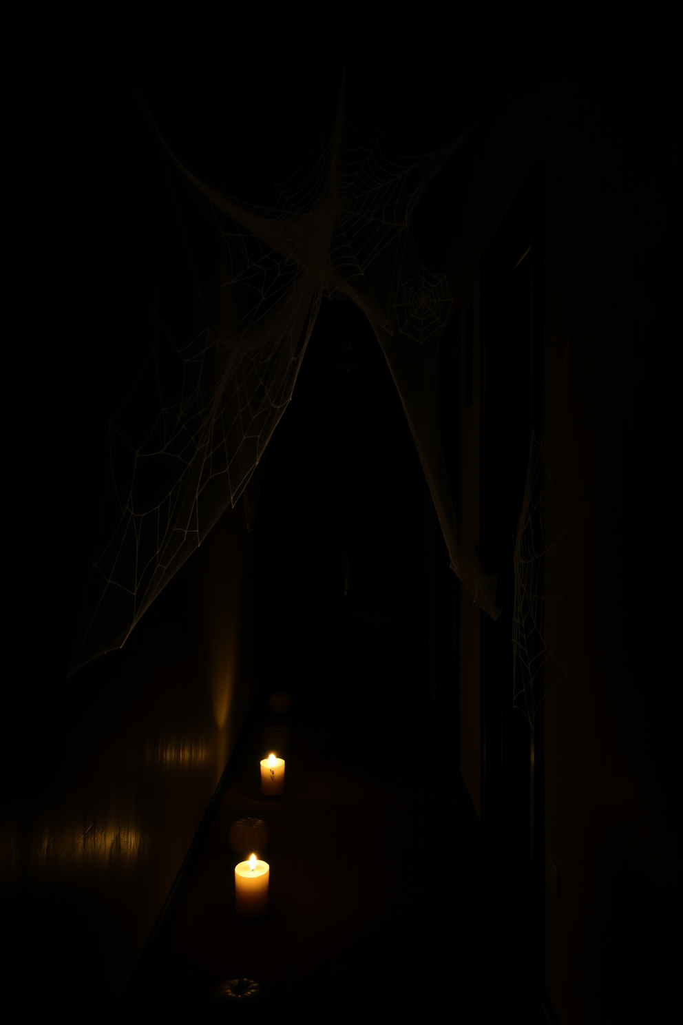 A spooky hallway setting for Halloween. The ceiling is adorned with intricate spider webs that cascade down, creating an eerie atmosphere. Dim lighting casts shadows on the walls, enhancing the haunting vibe. Ghostly decorations and flickering candles line the hallway, inviting a sense of mystery and excitement.