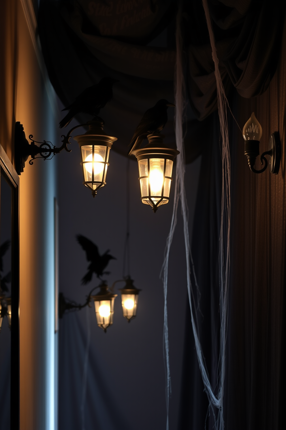 Decorative skeletons are positioned along the floor of a dimly lit hallway. The walls are adorned with cobwebs and eerie paintings, creating a spooky atmosphere for Halloween.