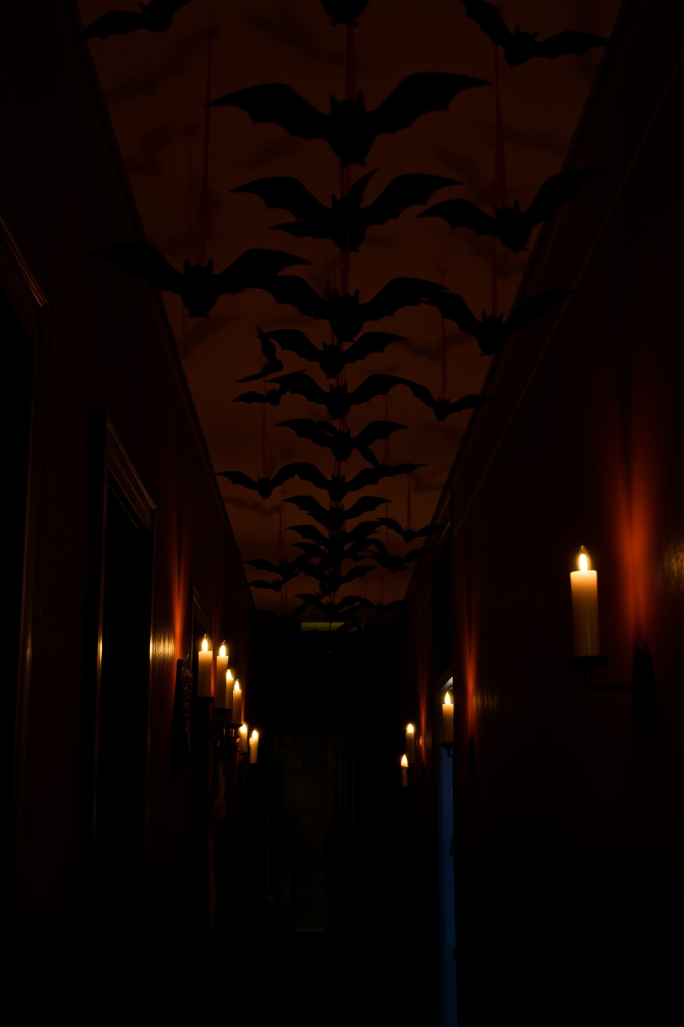 A spooky hallway adorned with eerie decorations for Halloween. Flickering candles cast shadows on the walls, while cobwebs drape from the ceiling, creating a chilling atmosphere. Ghostly figures are strategically placed throughout the space, enhancing the haunted vibe. A collection of carved pumpkins with glowing faces line the floor, inviting guests to explore the mysterious corridor.