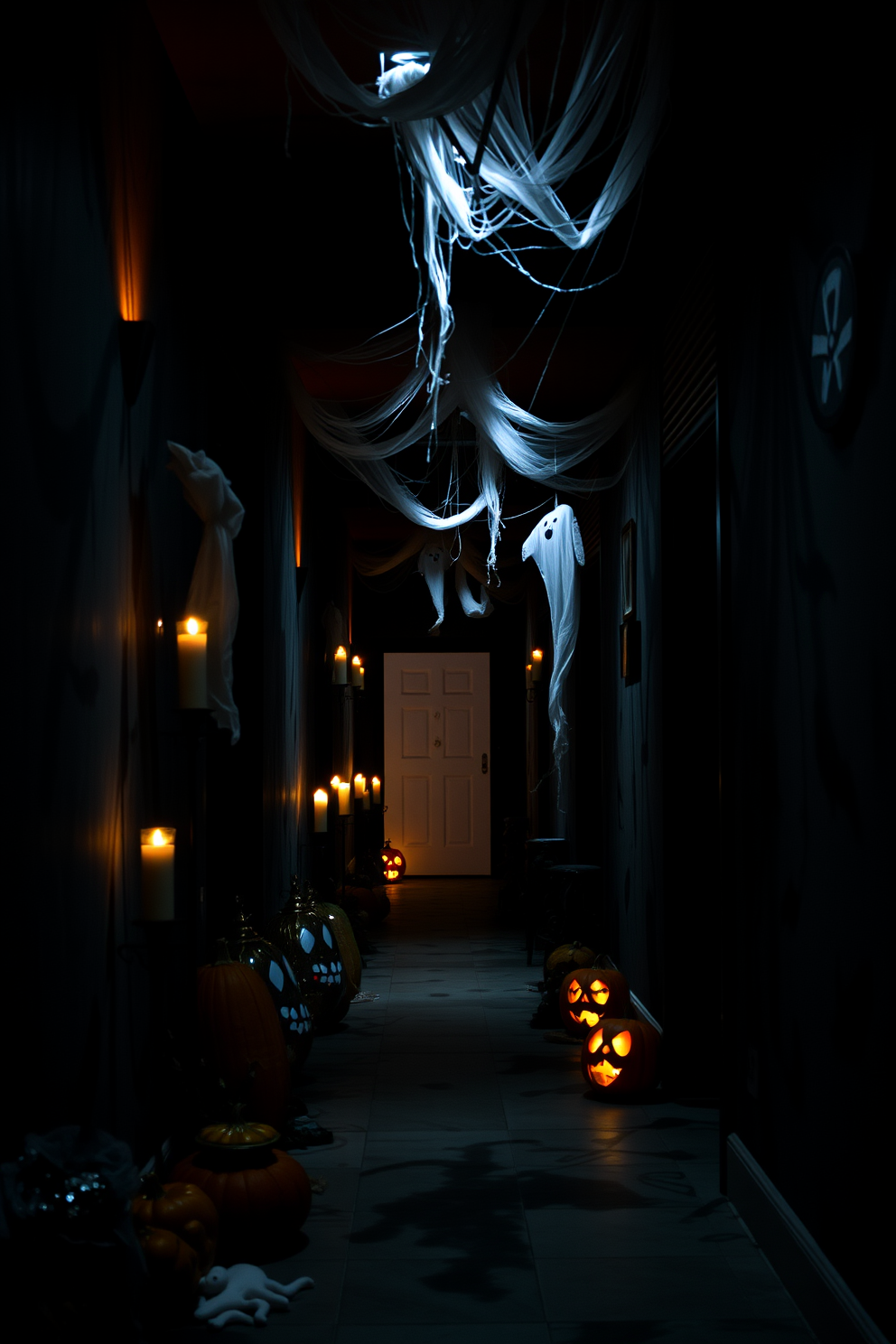 A spooky hallway features an array of creepy door mats that set the tone for Halloween. Each mat displays eerie designs like ghostly figures, cobwebs, and skulls, creating an unsettling yet festive atmosphere. The walls are adorned with hanging bats and faux spider webs, enhancing the haunted vibe. Dim lighting casts shadows, making the space feel even more mysterious as guests approach the entrance.