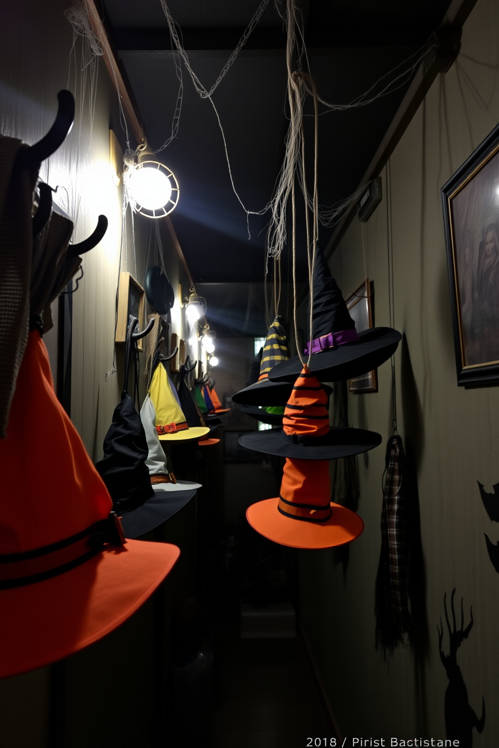 A spooky Halloween hallway features a faux graveyard setting with eerie tombstones scattered throughout. Cobwebs drape from the ceiling, and flickering candles cast shadows on the dark walls, enhancing the haunting atmosphere.