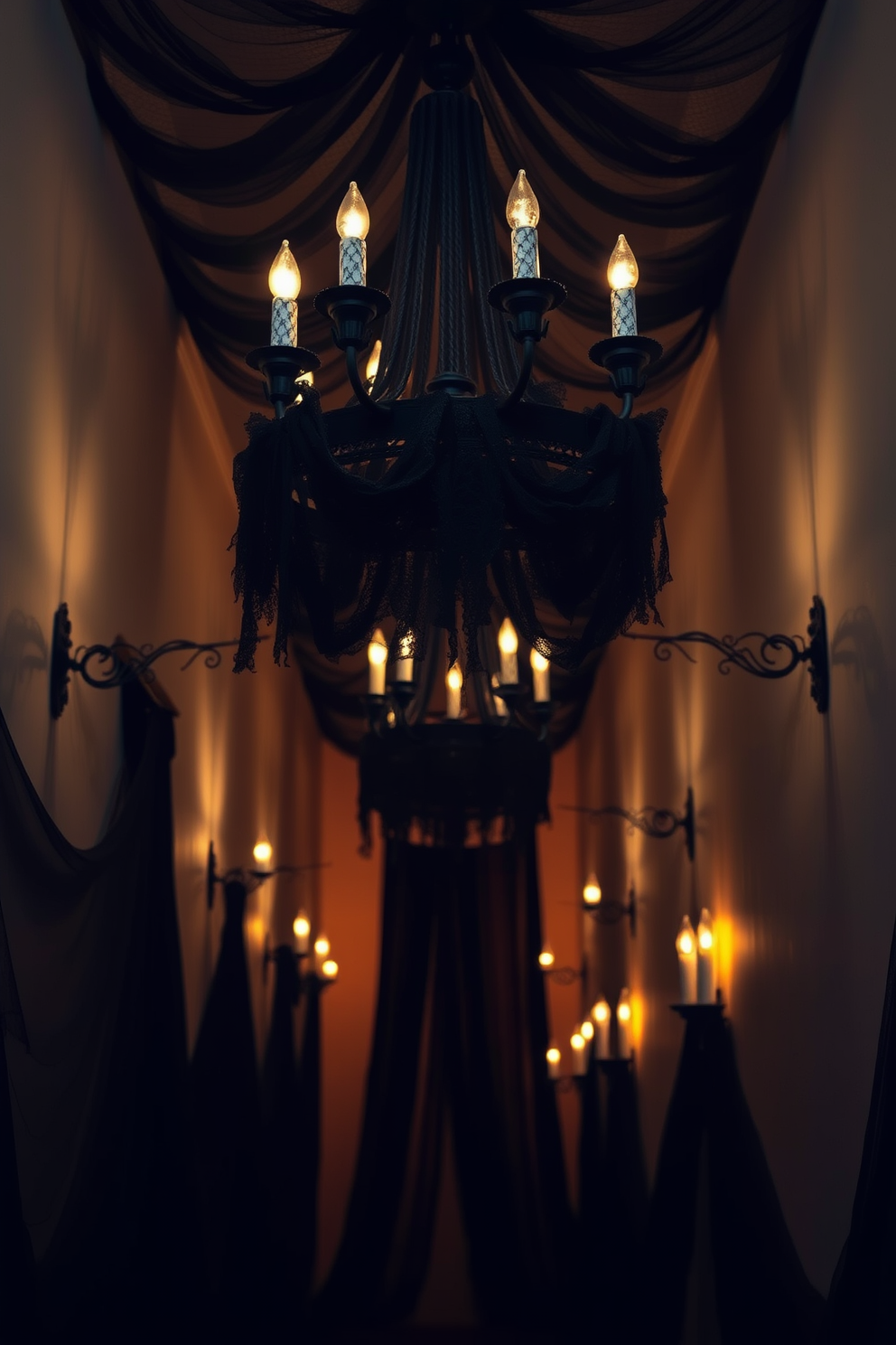 Hanging cauldrons filled with colorful candy are suspended from the ceiling, creating a whimsical and festive atmosphere in the hallway. The walls are adorned with spooky decorations, including ghostly silhouettes and glowing jack-o'-lanterns, enhancing the Halloween spirit.