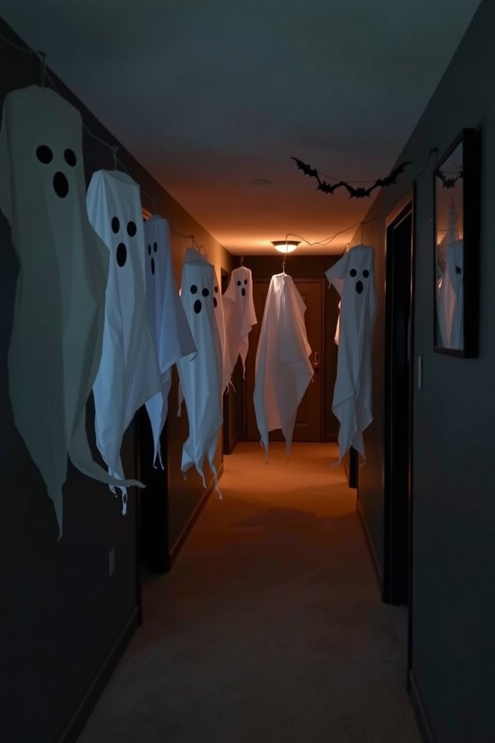 Creepy candle lanterns line the dark, narrow hallway creating an eerie ambiance. The flickering light casts haunting shadows on the walls, enhancing the spooky decor for Halloween.