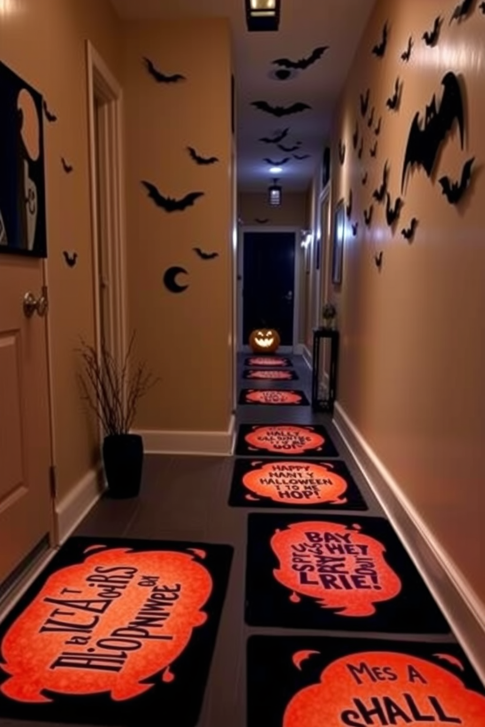 A life-sized witch figure stands ominously by the entrance, dressed in a flowing black gown and a pointed hat. Surrounding her are cobwebs and flickering candles that create a spooky ambiance in the hallway. The walls are adorned with eerie portraits and hanging bats, enhancing the Halloween theme. A path of orange and black pumpkins leads guests deeper into the haunted hallway.