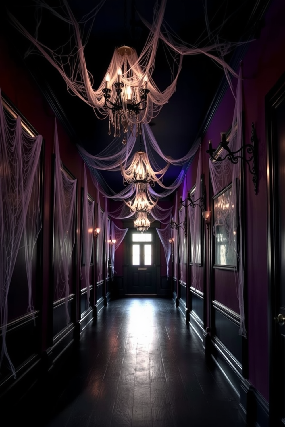 A spooky hallway adorned with decorative skulls placed strategically on various shelves. The walls are painted in deep black, creating a dramatic backdrop for the eclectic mix of skull designs and seasonal decorations.