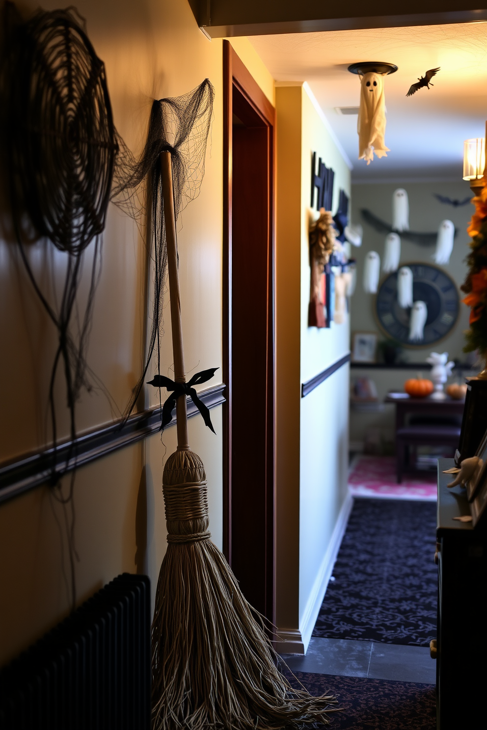 A spooky Halloween hallway features mason jars filled with eerie contents like fake eyeballs, spider webs, and glowing liquid. The jars are arranged on a rustic wooden table, with flickering candles casting shadows on the walls adorned with ghostly decorations.