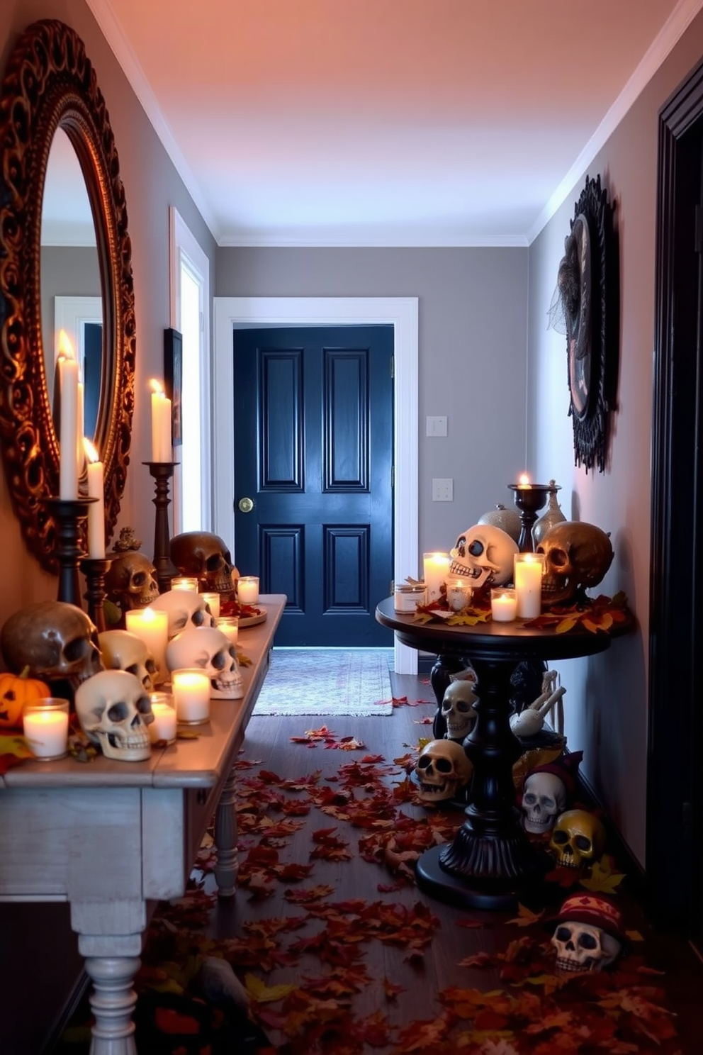 A spooky fabric is elegantly draped across the furniture, creating an eerie yet inviting atmosphere in the hallway. Flickering candles cast shadows on the walls, enhancing the haunting ambiance of the Halloween decor.