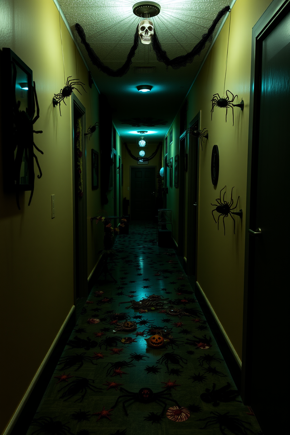 A spooky hallway adorned with hanging eerie fabric strips draping from the ceiling. The dim lighting casts shadows, enhancing the haunting atmosphere while scattered cobwebs add to the Halloween theme.