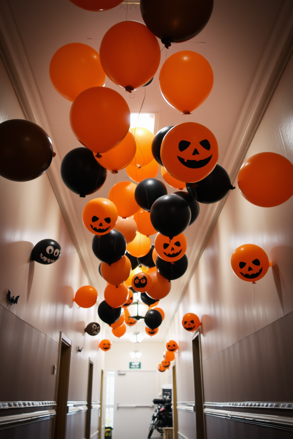 A Halloween hallway decorated with black feather boas draping elegantly from the ceiling. The walls are adorned with spooky artwork and dimly lit candles create an eerie ambiance.