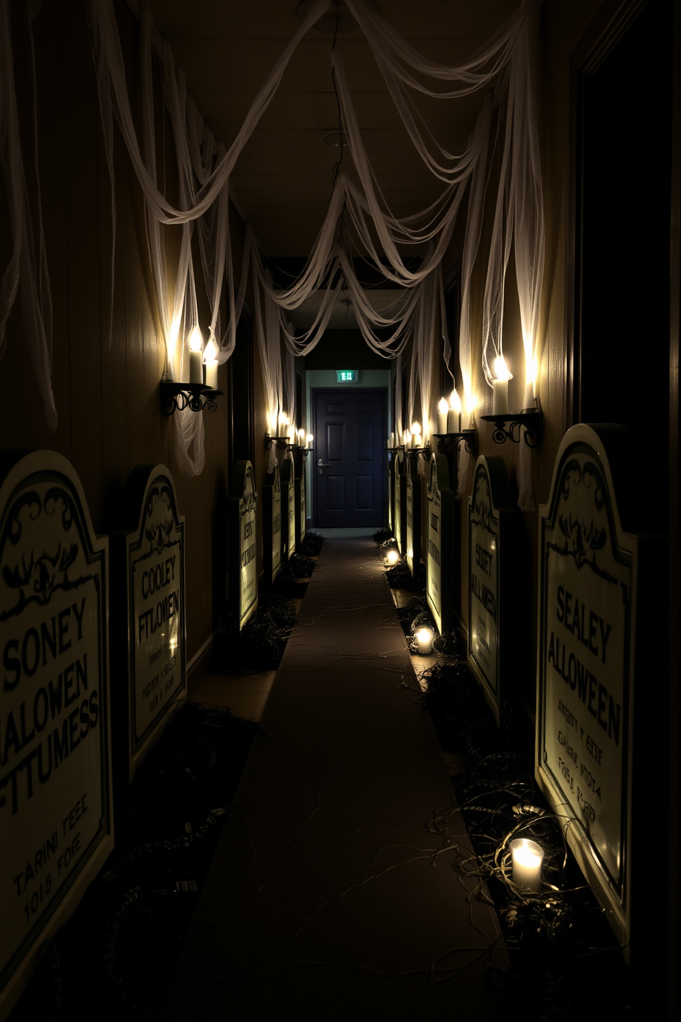 A festive hallway adorned with decorative pumpkins in various sizes. The pumpkins are arranged on a rustic wooden console table, complemented by autumn leaves and flickering candles.