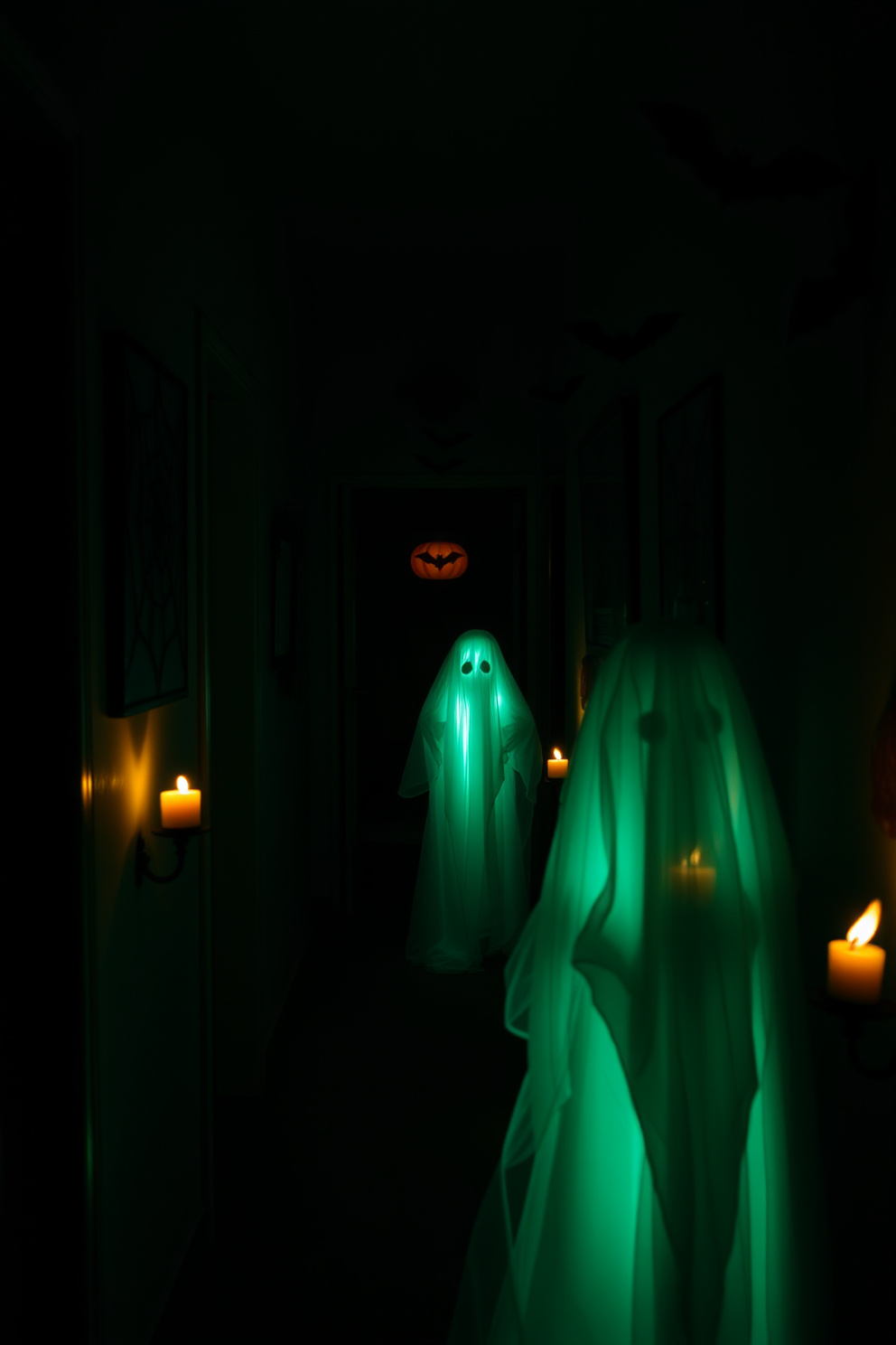 A spooky hallway adorned for Halloween features creepy crawlies scattered across the floor. Dim lighting casts eerie shadows, enhancing the unsettling atmosphere with cobwebs draping from the ceiling and flickering candles lining the walls.