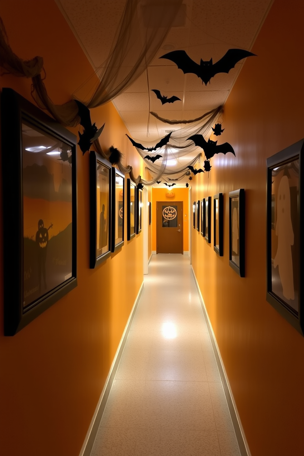 A spooky hallway adorned for Halloween features dim lighting that casts eerie shadows. Glowing eyes peer from dark corners, creating a chilling atmosphere that invites curiosity and fright.