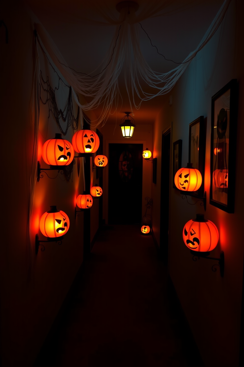 A spooky hallway adorned with haunted portraits featuring glowing eyes that create an eerie ambiance. The walls are painted in a deep black, and flickering candle sconces cast shadows, enhancing the haunting atmosphere.