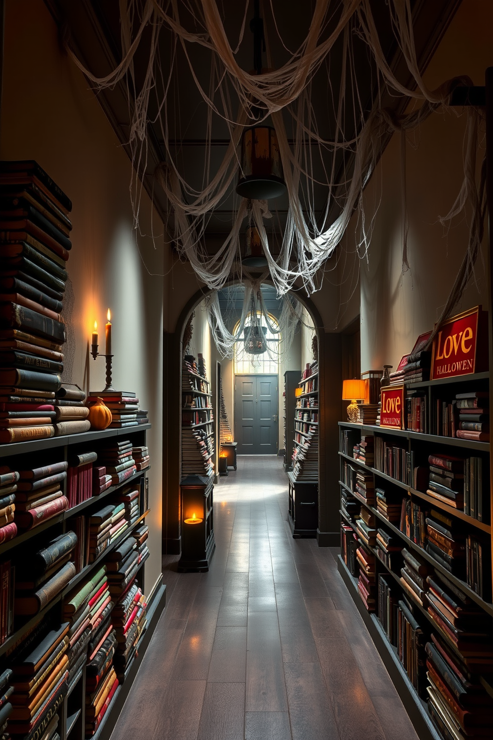 A spooky Halloween-themed artwork collection adorns the walls of the hallway. Each piece features vibrant colors and eerie imagery, creating an inviting yet haunting atmosphere. The hallway is decorated with cobwebs and strategically placed jack-o-lanterns. Flickering candles cast a warm glow, enhancing the festive spirit of the Halloween season.