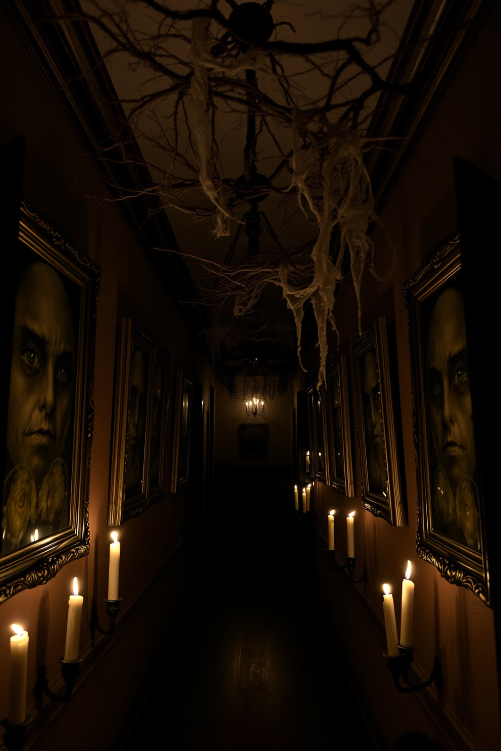 A spooky hallway adorned with ghostly figures suspended from the ceiling creates an eerie atmosphere. The walls are painted in deep black, and flickering candlelight casts haunting shadows throughout the space.