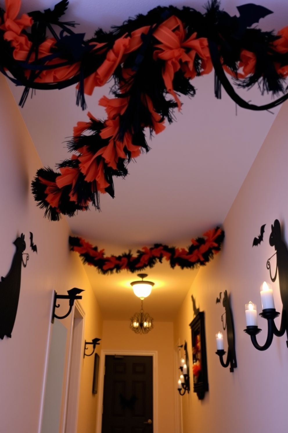 A festive hallway adorned with pumpkin garlands hanging gracefully from the ceiling. The warm orange hues of the pumpkins contrast beautifully with the neutral-toned walls, creating a cheerful and inviting atmosphere for Halloween.