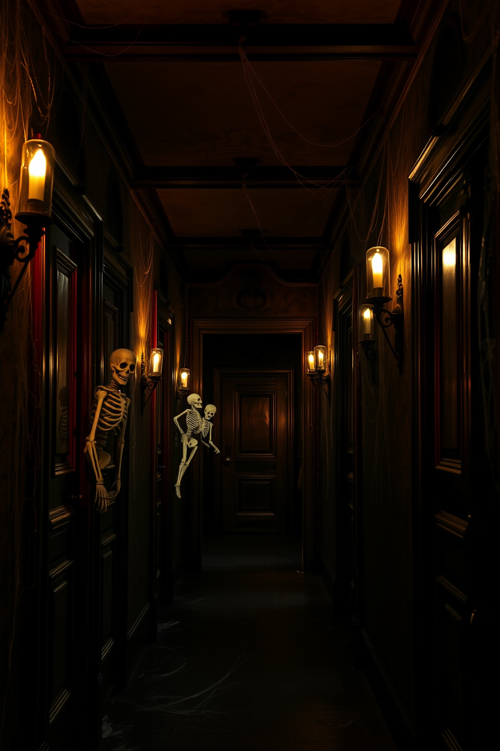 A dimly lit hallway is enhanced by a mysterious fog machine that creates an eerie atmosphere. Shadows dance along the walls as the fog swirls, setting the perfect backdrop for Halloween decorations. Along the sides of the hallway, spooky decor such as cobwebs and ghostly figures are strategically placed to surprise and delight. Flickering candles add an unsettling glow, casting an enchanting yet haunting ambiance throughout the space.