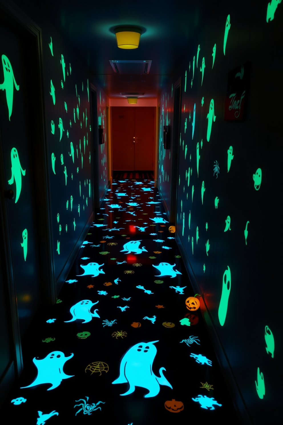 A spooky Halloween hallway is adorned with hanging bats made from black paper. They flutter gracefully from the ceiling, casting eerie shadows on the walls.