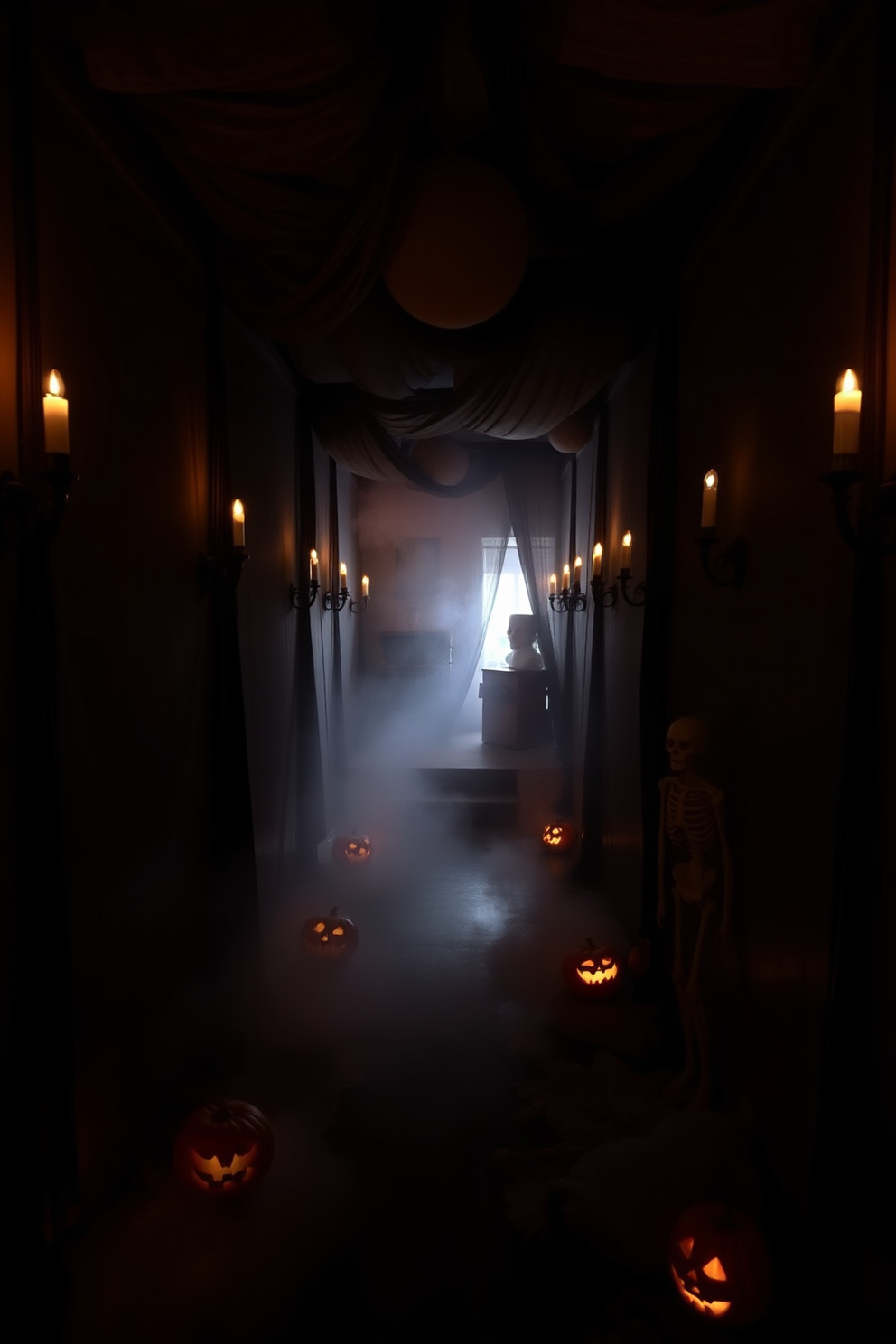 A whimsical hallway decorated for Halloween features door frames adorned with playful witch hats in various sizes and colors. The hats are artfully arranged to create a festive atmosphere, complemented by soft, ambient lighting that enhances the spooky charm.