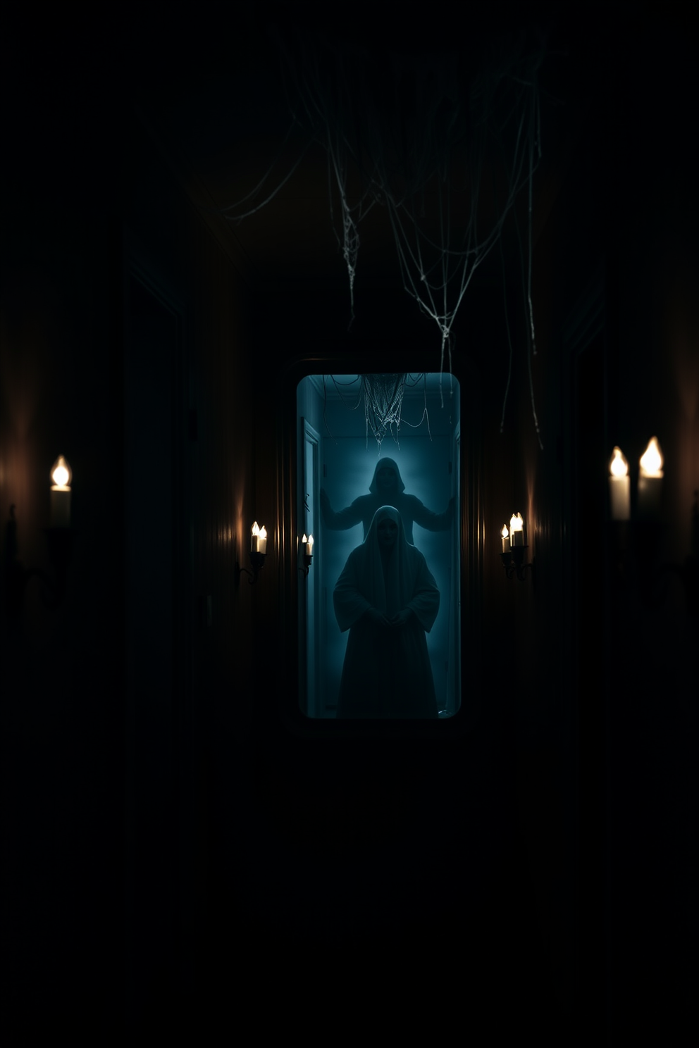 Spooky silhouettes cast eerie shadows on the window panes, creating a haunting atmosphere throughout the hallway. The walls are adorned with cobwebs, and flickering candles line the edges to enhance the chilling effect.