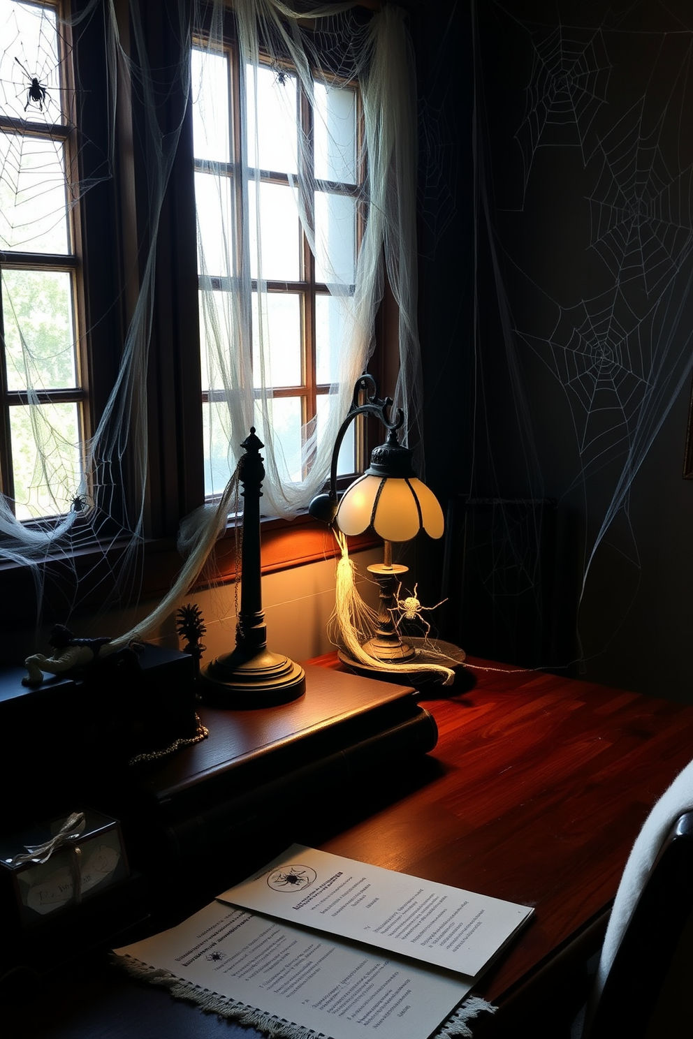 A cozy home office setting adorned with spooky spider webs in the corners of the desk. The desk is made of dark wood, featuring a vintage lamp that casts a warm glow over the space.