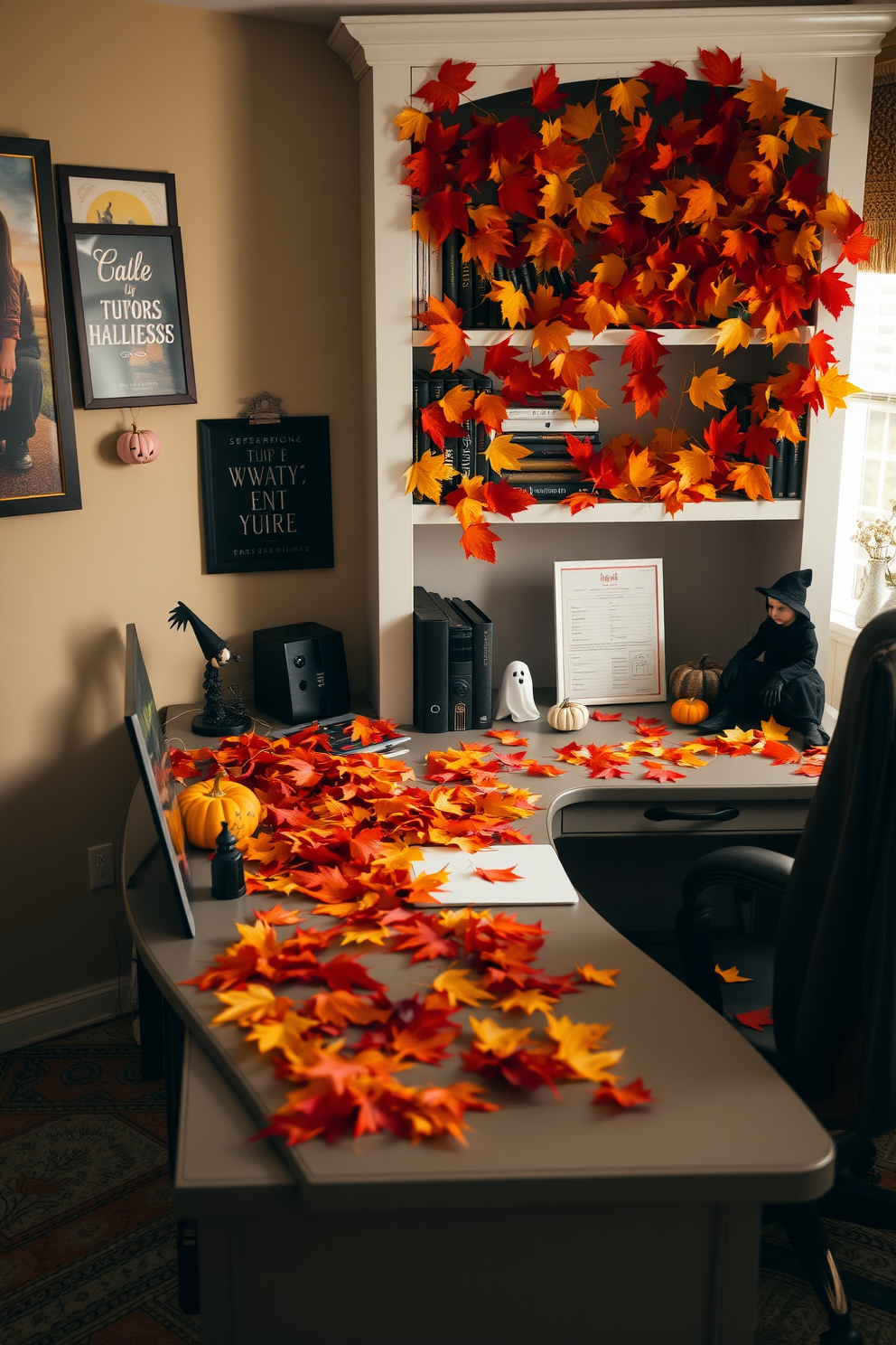 A cozy home office adorned with colorful fall leaves scattered across the desk and shelves. The warm tones of orange, red, and yellow create a festive atmosphere, complemented by a few Halloween decorations like miniature pumpkins and ghostly figures.