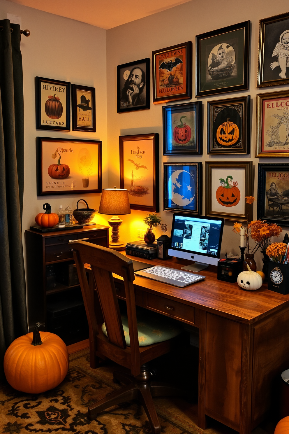 A cozy home office adorned with framed vintage Halloween artwork on the walls. The space features a rustic wooden desk with a comfortable chair, complemented by warm ambient lighting and seasonal decorations.