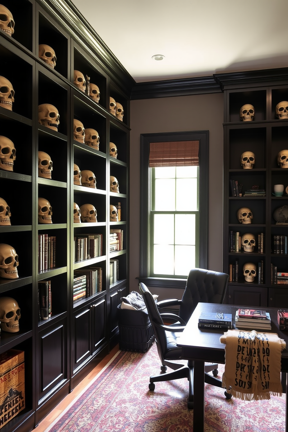 A stylish home office featuring dark wooden bookshelves filled with an array of decorative skulls. The skulls vary in size and design, adding an intriguing and festive touch to the space, while a cozy desk sits in front of a large window, illuminated by natural light.