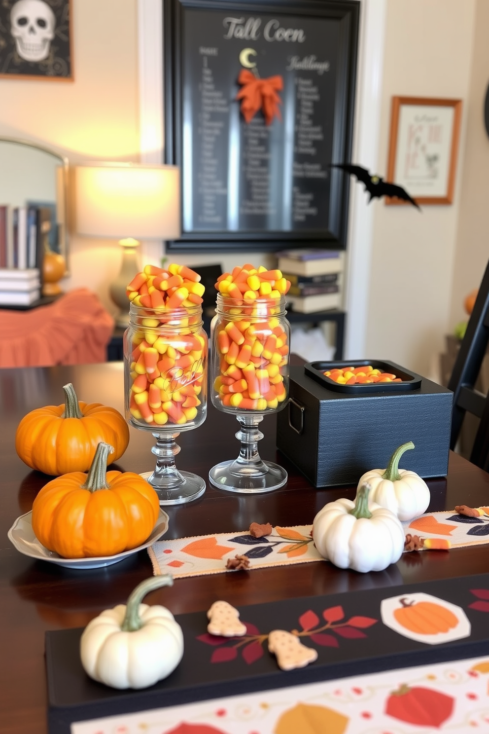 A cozy home office decorated for Halloween features mason jars filled with vibrant candy corn displayed on a wooden desk. Surrounding the jars are autumn-themed decorations, including small pumpkins and a festive table runner in warm colors.